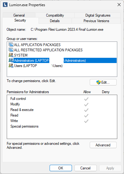 File Permissions - Lumion exe.png